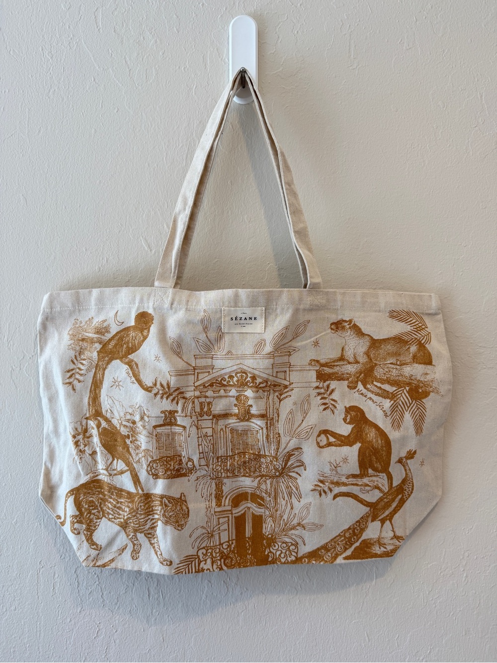 Sézane Beige Animal Print Canvas Tote Bag